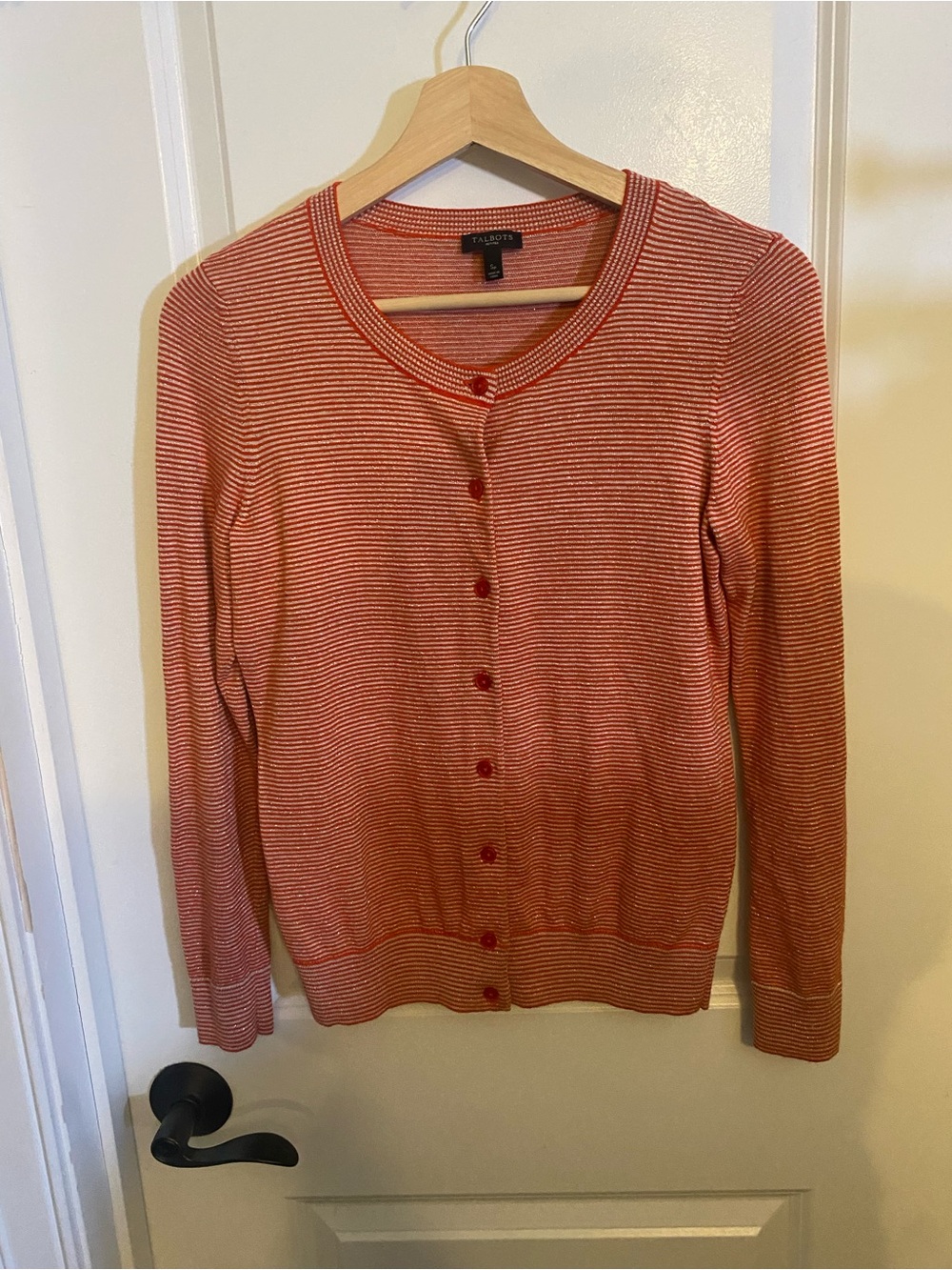 Talbots Red and White Striped Button Cardigan